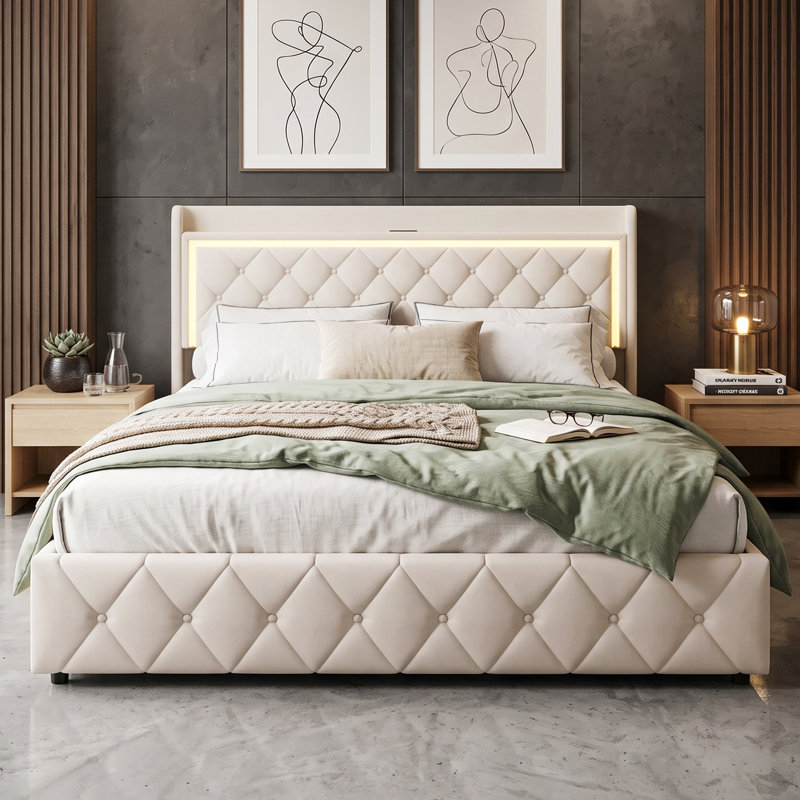 UK & EU Velvet Storage Bed With Drawers & LED Headboard, Upholstered Bed Frame With USB-C Port,Beige