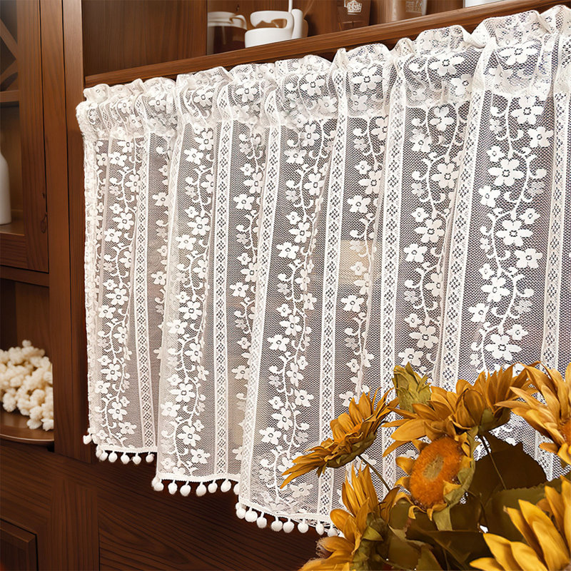 Tissu de rideau en dentelle en mousseline semi-diaphane avec broderie avec passe-tringle pour portes et fenêtres, S