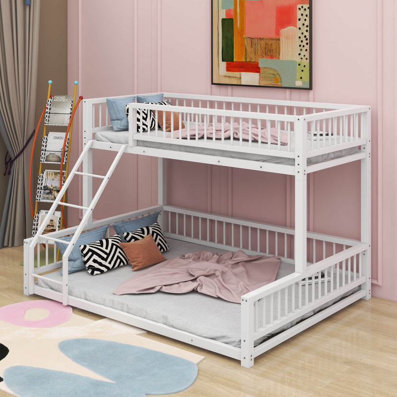 Twin XL Over Queen Floor Bunk Bed With Ladder & Guardrails, White