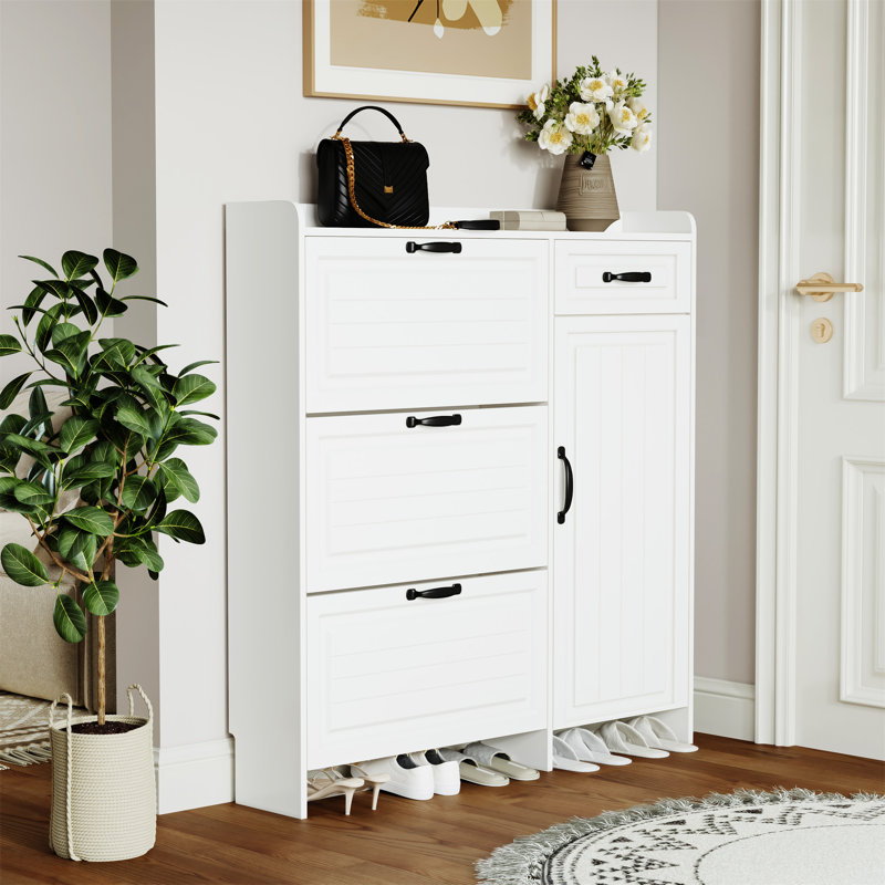 White Colour Shoe Cabinet  With 4 Doors 1 Drawers