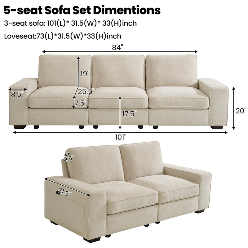 Ebern Designs Judeth Square Arm Modular Sofa, 5, Beige