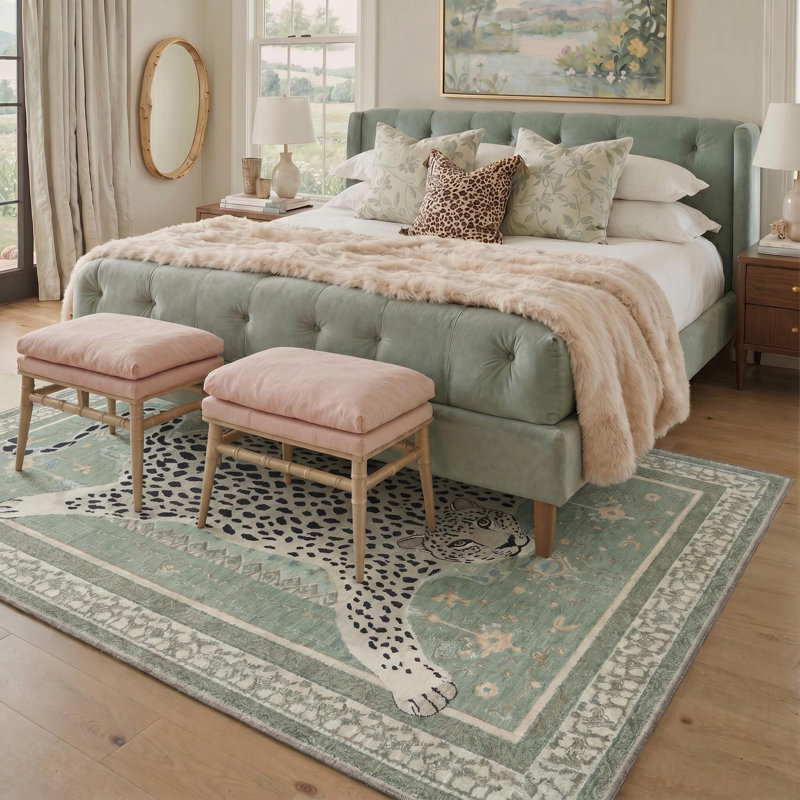 Tapis vert à imprimé léopard Alinda, Sage Green, Rectangle 9 pi x 12 pi