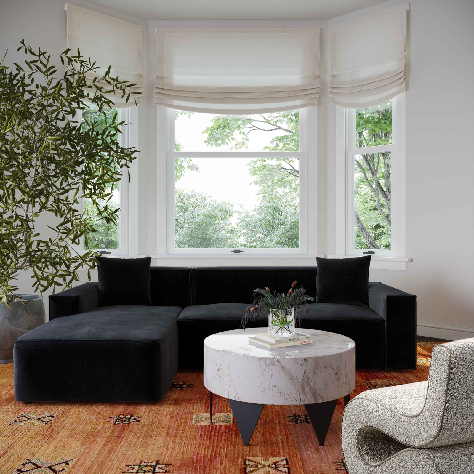 Linen Sofa and Chaise, Left Hand Facing, Black Linen