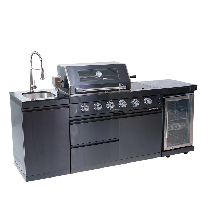 46-Inch 4-Burner 72000 BTU Deluxe Stainless Steel Gas Outdoor Kitchen Bar Barbecue Island Grill + Wine Cooler Compact Refrigerator + Rotisserie Kit + Granite Countertops + Stainless Steel Sink