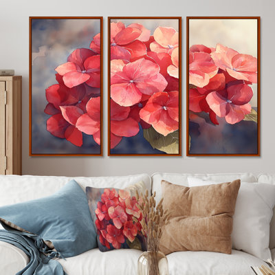 Red Hydrangeas In The Evening Breeze II - Hydrangea Wall Art - 3 Panels