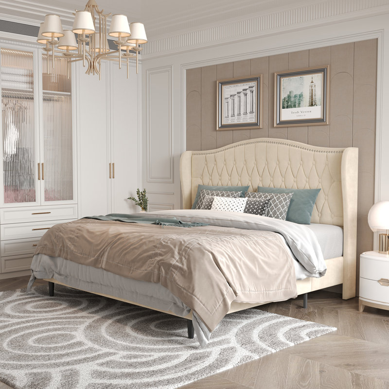 Upholstered Tufted Headboard Bed Wingback Bed, Beige, King