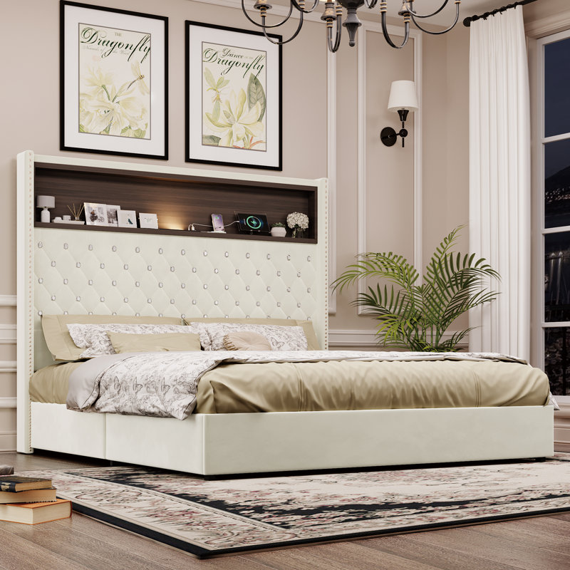Structure de lit en velours Nova avec port USB et veilleuse Nova, Grand