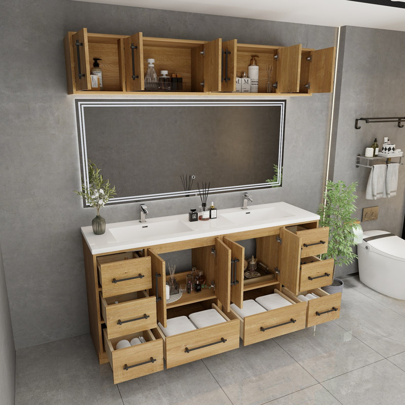 Meuble-lavabo autoportant de 72 po avec double lavabo en acrylique renforcé Victoria, Chêne