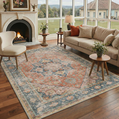 Tapis intérieur orange / bleu délavé à la machine avec envers antidérapant Advay