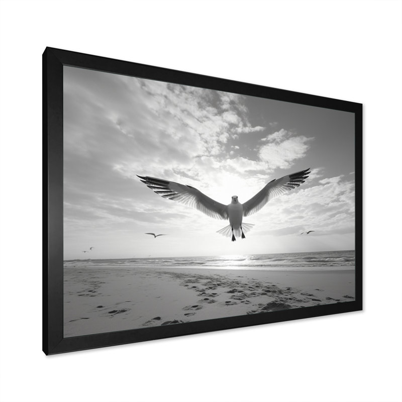 Gray Beach Seagulls In Flight II, reproduction d'art sur toile, H 16 po x l 32 po x P 1 po, Cadre simple noir