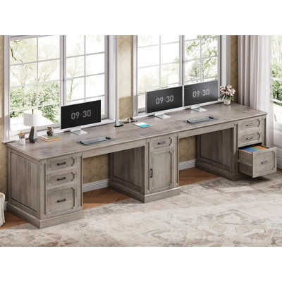 Farmhouse 110.3" Two Person Desk With 7 Drawers Gray