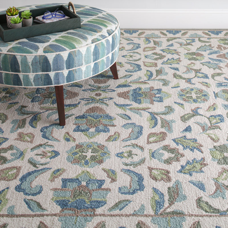 Lugano Hand-Tufted Wool Loop Pile Indoor Rug Traditional Bordered Cream Blue Green, Rectangle 5' x 8'