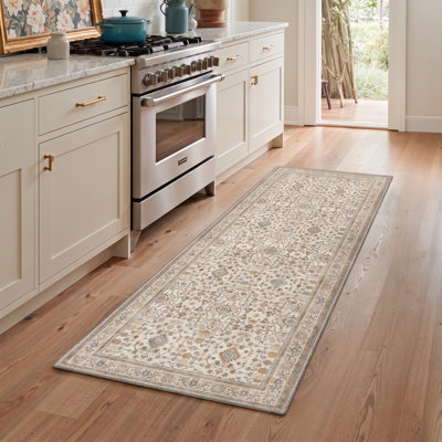Tapis de couloir traditionnel oriental beige/ivoire, performant, à poils courts, lavable et antidérapant