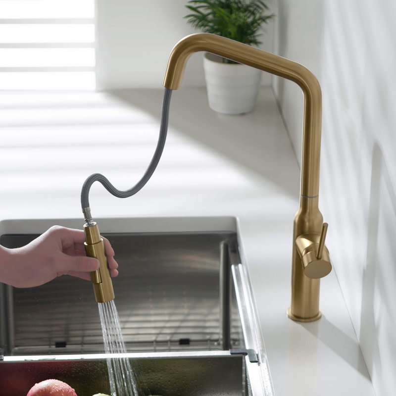 Macon Pull Down Single Handle Kitchen Faucet with Accessories, Without Soap Dispenser, Brushed Brass