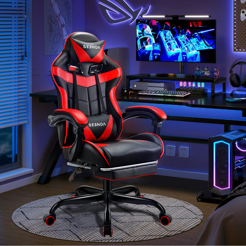 Fauteuil de jeu inclinable, ergonomique et pivotant en cuir synthétique haut dossier avec repose-pieds, Noir / Rouge