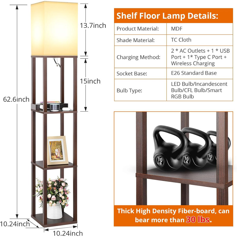 3-In-1 Floor Lamp With Wireless Charging, USB Ports, Power Outlets & Shelves For Storage, Dark Brown, 63"
