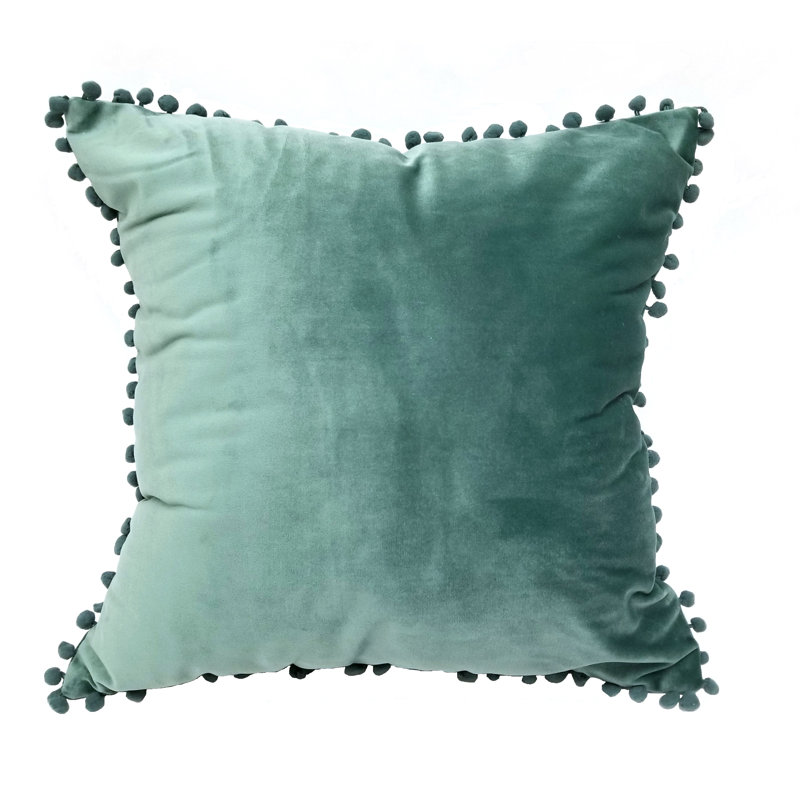 Housse de coussin carré avec pompons Jasmin, Bleu sarcelle cendré