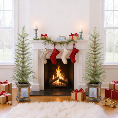 Ensemble de 2 arbres de Noël artificiels pré-éclairés de 4 pi - Matériau en PE de haute qualité avec pots dorés glamour, assemblage facile pour le manteau de cheminée / porte / porche, aspect persistant réaliste