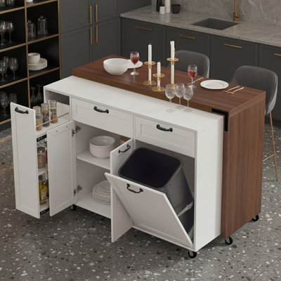 Îlot de cuisine extensible avec armoire de rangement pour poubelles et étagère à épices coulissante à 3 niveaux