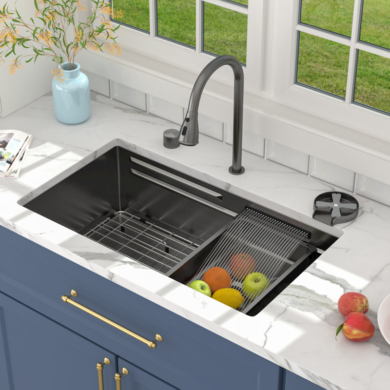 33" L x 17" W Undermount Waterfall Kitchen Sink Ledge Workstation Single Bowl Sink 16 Gauge Stainless Steel Kitchen Sink with Accessories