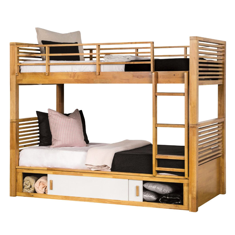 Lit superposé simple au-dessus de chêne au design transitionnel, structure en bois massif, rangement sous le lit et réversible avec finition, porte coulissante et joint