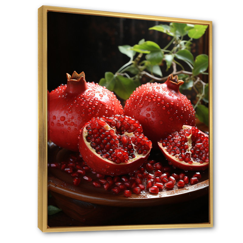 «Fruit Pomegranate Red Pointillism I», reproduction d'art sur toile, H 32 po x l 16 po x P 1 po, Encadrement doré