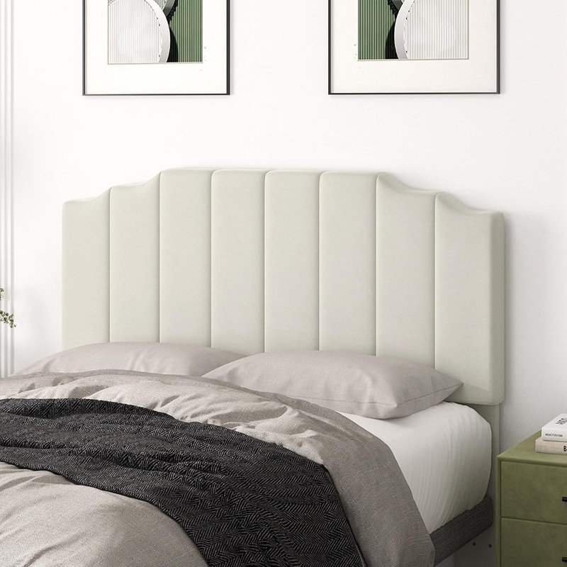 Cream Velvet Queen/Full Wall Mounted Headboard – Modern Vertical Channel Tufted Upholstered Design, Cream, Queen
