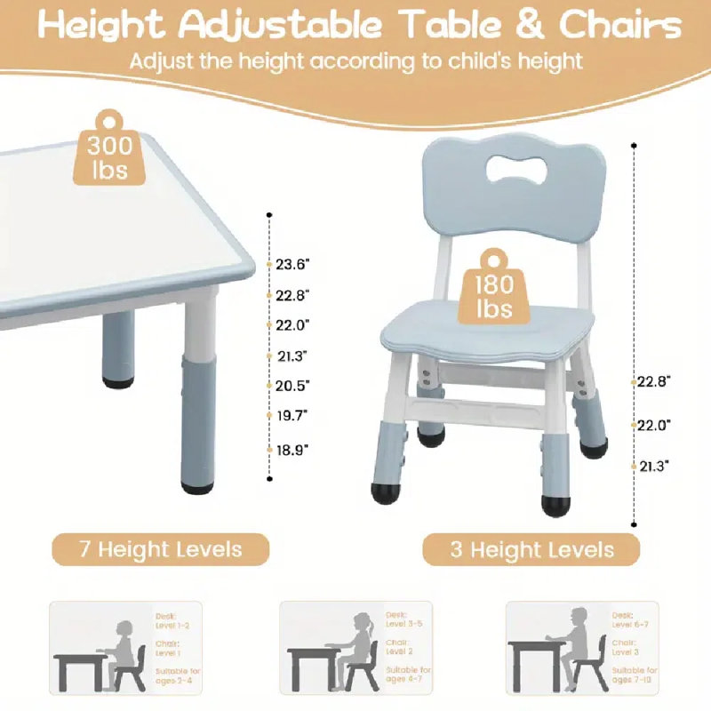 Ensemble de table et 2 chaises - hauteur réglable, bureau graffiti effaçable pour une utilisation multi-activités, comprend 1 table et 4 chaises, et un matériau en PP, facile à assembler