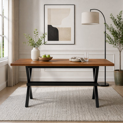 71 Inch Rectangular Dining Table with Walnut MDF Top and X-Shaped Metal Frame