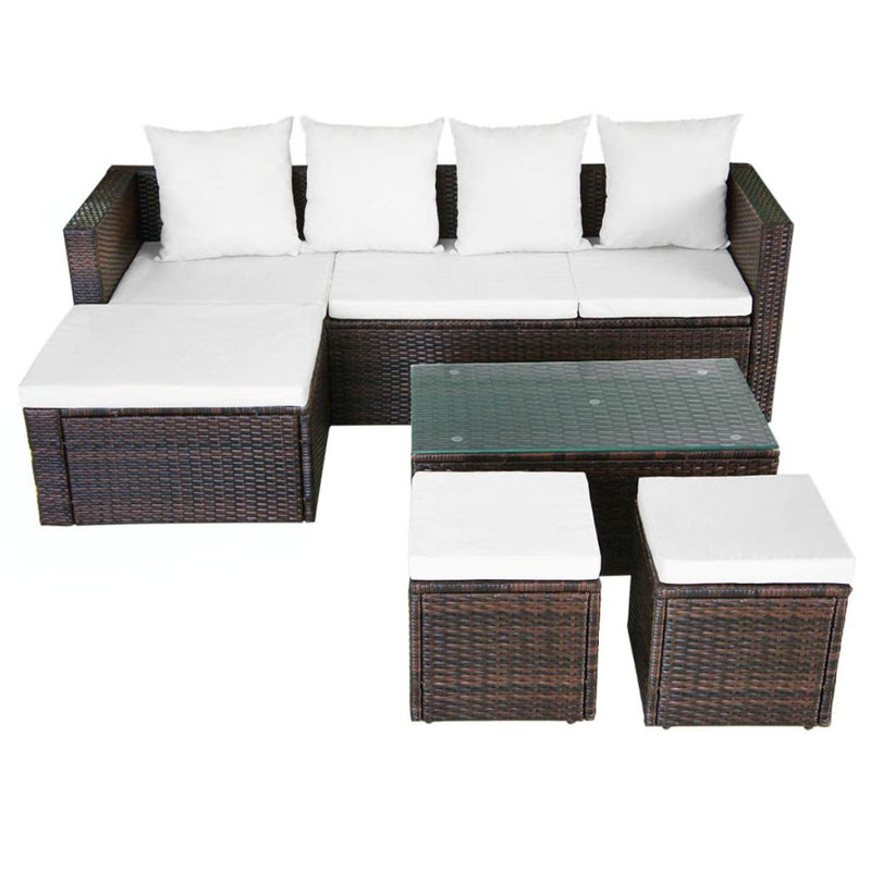 Frey 4 Piece Lounge Chair with Cushions, Brown, Cream White