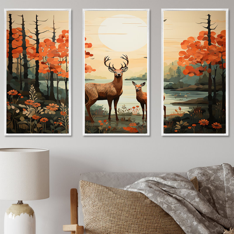 Orange et vert, famille de cerfs, sérénité II - art mural animal cerf, H 40 po x l 61 po, Cadre flottant blanc