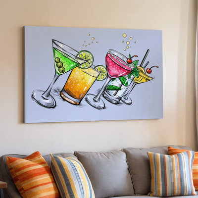 Toile, illustration vibrante et ludique de différents cocktails disposés en art mural, composition animée avec un martini classique, art mural sur toile