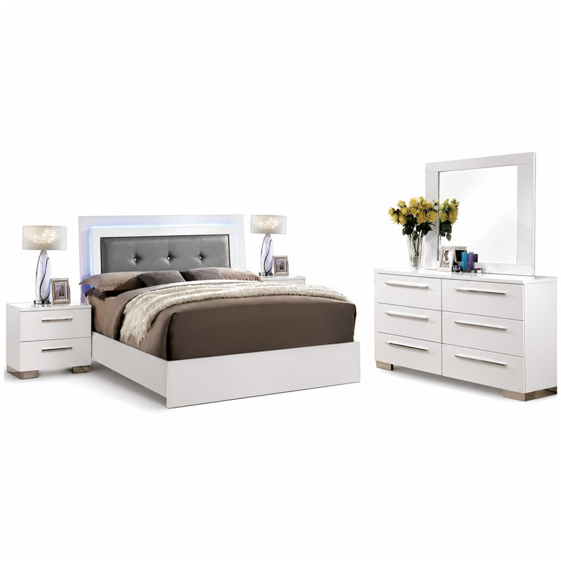 Ensemble de chambre pour grand lit 5 pièces Gely, 2 tables de chevet, capitonné, DEL, blanc brillant, Blanc lustré