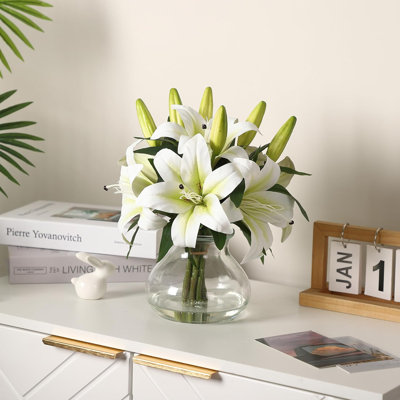  13 Inch Artificial Tiger Lily Flowers, 6 Stems Realistic Silk Lilies with Glass Vase, Fake Flowers for Home Décor, Wedding, Table Centerpieces,Milk White