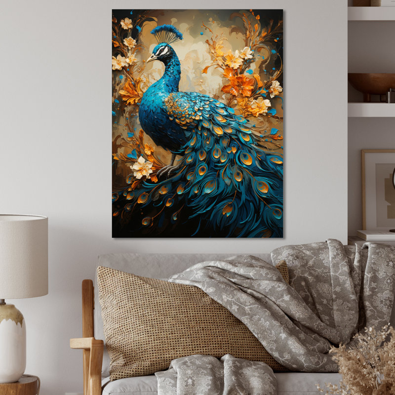Reproduction d'art en métal bleu sarcelle et émeraude paon, H 20 po x l 12 po