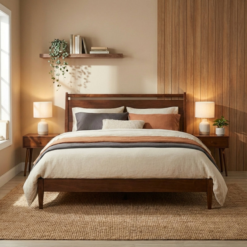  Adept Wooden Bed Frame with Headboard, Solid Wood Foundation with Silent Slats and Wood Central Supports, 1000 Lb Capacity, Effortless Assembly