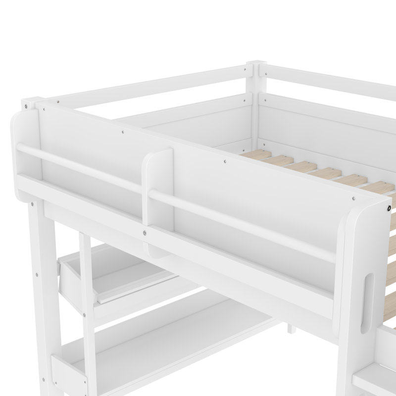 Lit mezzanine simple avec bureau, tableau noir et bibliothèques multi-rangements, boîtes et tiroirs - Lit mezzanine bas en bois massif, sans sommier, blanc