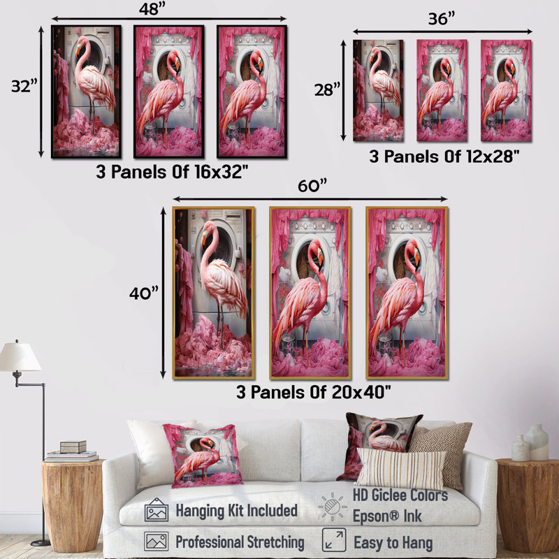 Pink Flamingo Laundry Room Dance I - ensemble de 3 impressions sur toile, Cadre flottant noir, H 28 po x l 36 po