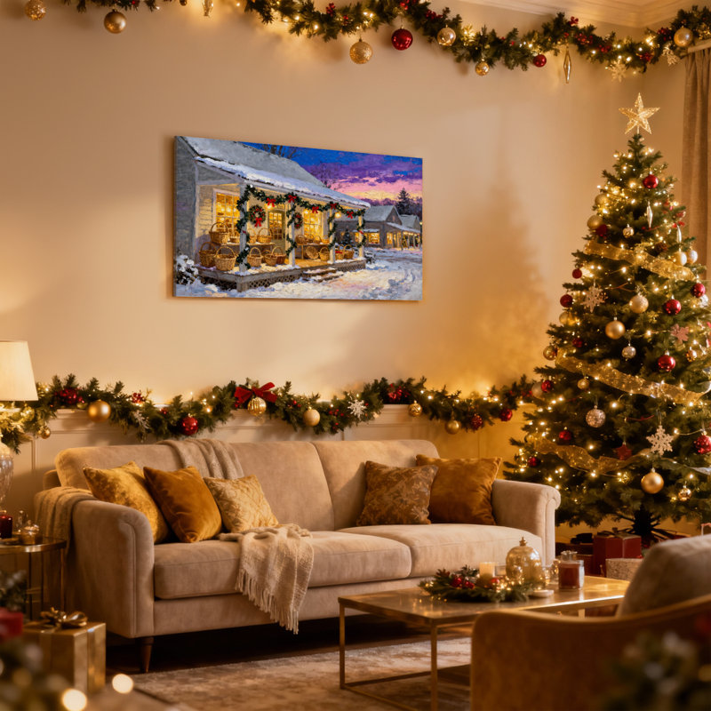 «Christmas Winter Cottage Christmas Scene», ensemble de 3 impressions sur toile, H 12 po x l 18 po