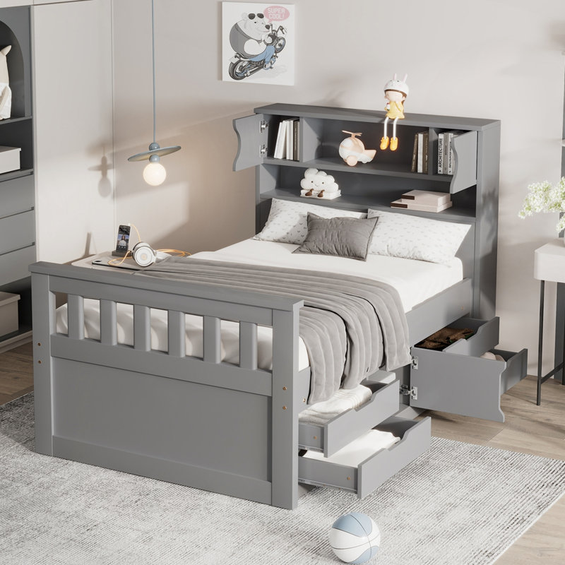 Base de lit plateforme simple avec bibliothèques et tablettes de rangement, gris