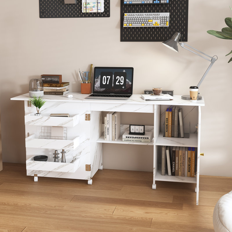  Table de machine à coudre pliable 57,5 po avec roulettes verrouillables, station de rangement multi-rangement avec tablettes et bacs, blanc