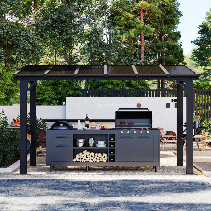 12X5 Ft Gazebo With Polycarbonate Panel, All-Weather Outdoor Bbq Canopy With Sloping Steel Roof