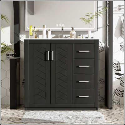 Ensemble de meuble-lavabo autoportant 36 po avec lavabo en céramique 36 po, structure en bois massif et grand rangement