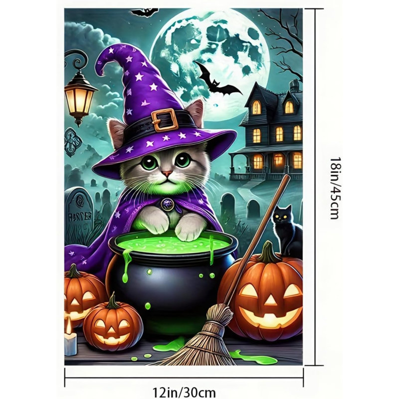 Drapeau de jardin Halloween Sorcière Chat Chaudron 30 x 45 cm (12 x 18 pouces) en polyester