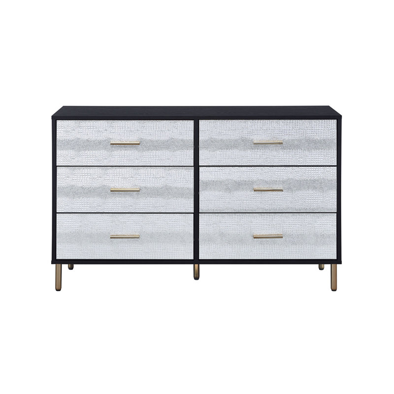 Commode Myles élégante avec finition noire, argentée et dorée pour un rangement moderne et élégant dans la chambre à coucher