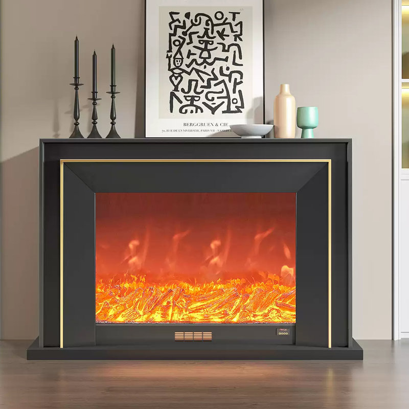 Foyer électrique noir en bois massif, Noir, H 39,37 po x l 47,24 po x P 12,6 po