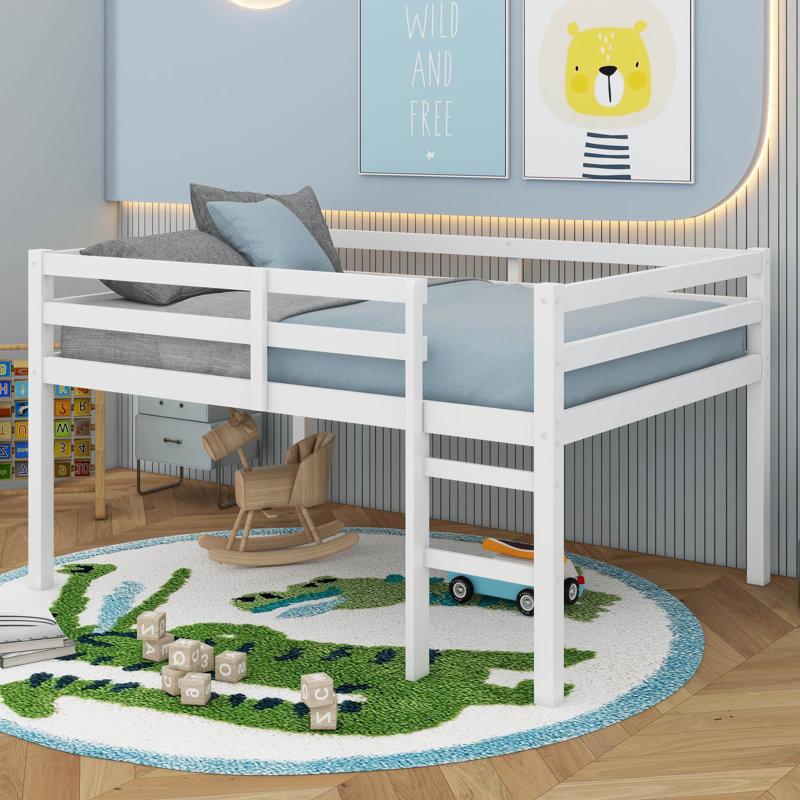 Lit mezzanine double en bois d'hévéa avec échelle, Blanc