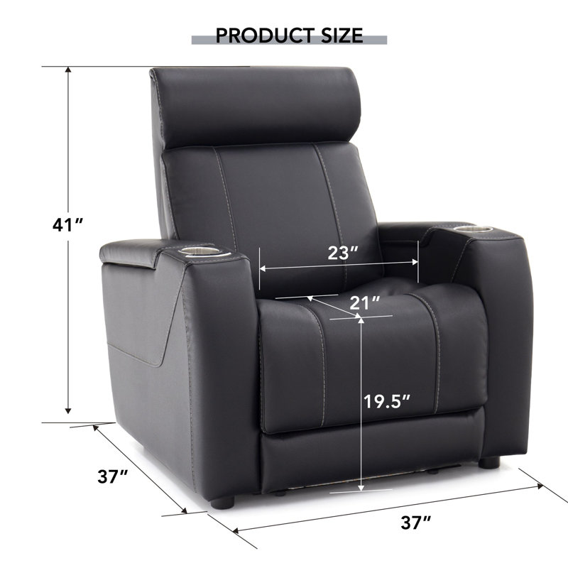 Siège de cinéma inclinable électrique en similicuir de 37 po de largeur avec porte-gobelet, Similicuir noir