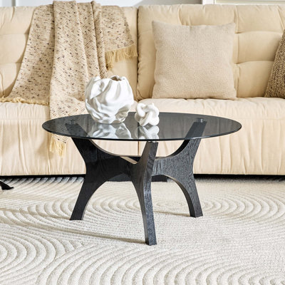 Table basse de 31,5 pouces en verre trempé avec base en grain de bois noir, design Mid-Century moderne pour les salons, les chambres à coucher, les bureaux et les espaces de réception.