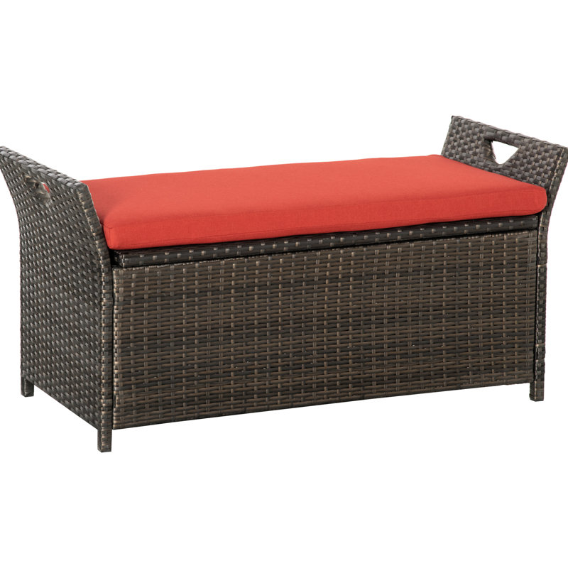 27 Gallon Patio Storage Bench, Red, With Handles And Cushion, Outdoor Pe For A Alluring Feeling Red Bench Comprised Of Graceful